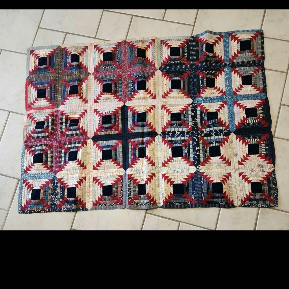 Antique West Virginia Log Cabin Zig Zag Crib Quilt 45" x 32" Cotton, Silk, Velve